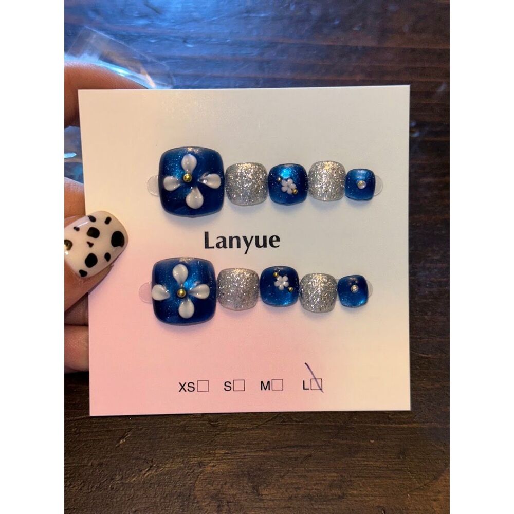 Blue & Silver Glitter 3D Flower Press On Nails size Large